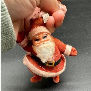 Vintage Flocked Santa Claus‎ Ornament Japan MCM Suit Plastic Face Christmas
